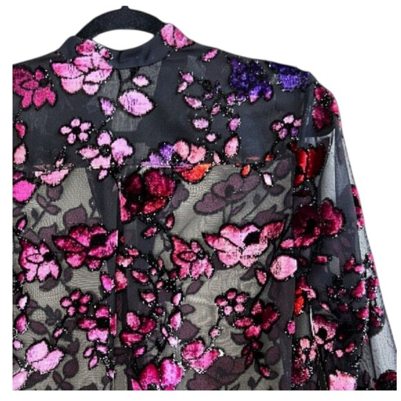 Alice + Olivia Velvet Flocked Sheer Chiffon Floral Blouse Black Size XS - Picture 5 of 13